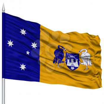 Canberra City Flag on Flagpole, Capital City of Australia, Flying in the Wind, Isolated on White Background