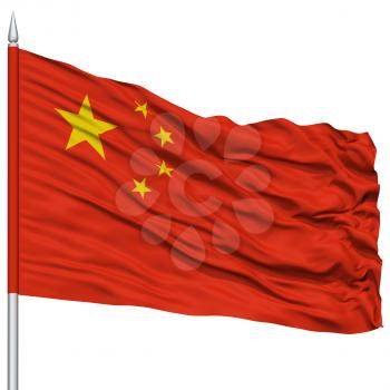 China Flag on Flagpole , Flying in the Wind, Isolated on White Background