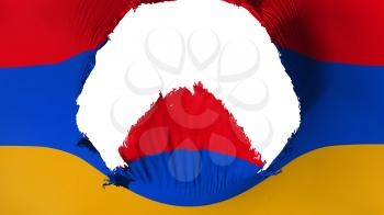 Big hole in Armenia flag, white background, 3d rendering