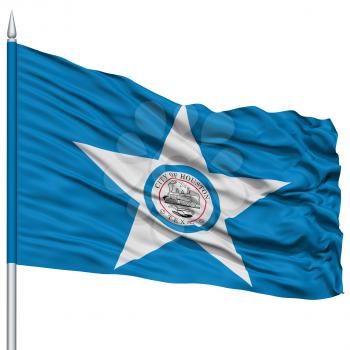 Houston City Flag on Flagpole, Texas State, Flying in the Wind, Isolated on White Background