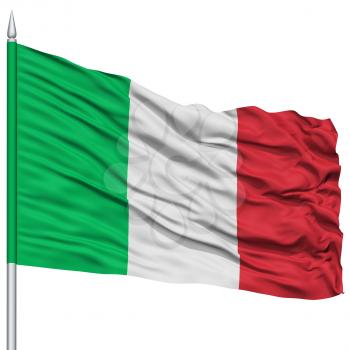 Italy Flag on Flagpole , Flying in the Wind, Isolated on White Background