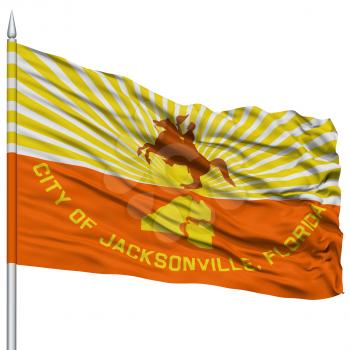 Jacksonville City Flag on Flagpole, Florida State, Flying in the Wind, Isolated on White Background