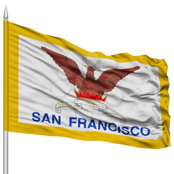 San Francisco City Flag on Flagpole, California State, Flying in the Wind, Isolated on White Background