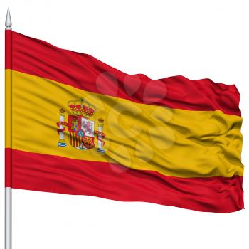 Spain Flag on Flagpole , Flying in the Wind, Isolated on White Background