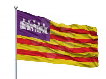 Balearic Islands Flag On Flagpole, Isolated On White Background, 3D Rendering