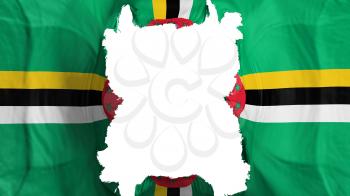 Ripped Dominica flying flag, over white background, 3d rendering