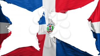 Destroyed Dominican Republic flag, white background, 3d rendering