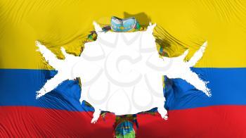 Ecuador flag with a big hole, white background, 3d rendering