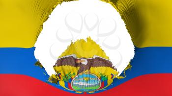 Big hole in Ecuador flag, white background, 3d rendering