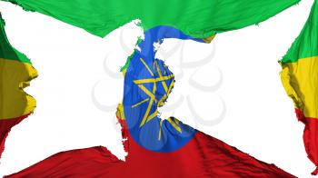 Destroyed Ethiopia flag, white background, 3d rendering