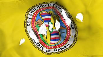 Honolulu city, capital of Hawaii state flag perforated, bullet holes, white background, 3d rendering