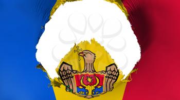 Big hole in Moldova flag, white background, 3d rendering