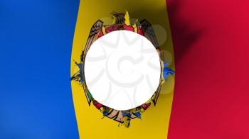 Hole cut in the flag of Moldova, white background, 3d rendering