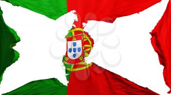 Destroyed Portugal flag, white background, 3d rendering