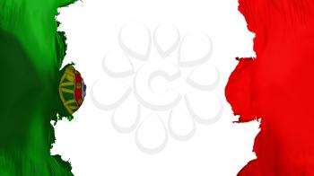 Blasted Portugal flag, against white background, 3d rendering