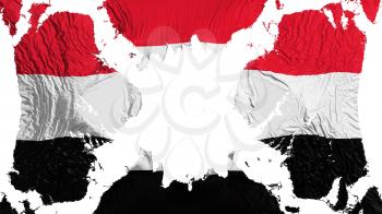 Yemen torn flag fluttering in the wind, over white background, 3d rendering