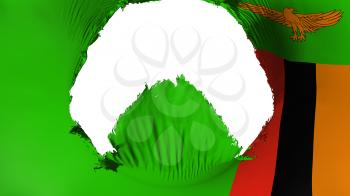 Big hole in Zambia flag, white background, 3d rendering