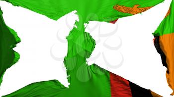 Destroyed Zambia flag, white background, 3d rendering