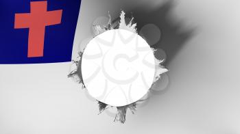 Hole cut in the flag of Christian, white background, 3d rendering