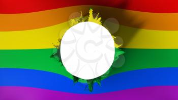 Hole cut in the flag of Gay rainbow, white background, 3d rendering