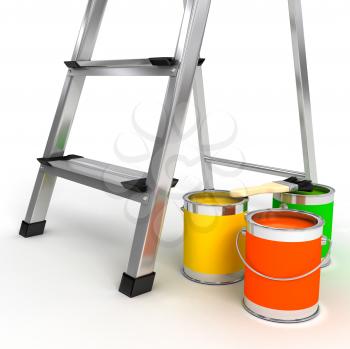 Royalty Free Clipart Image of a Ladder and Paint Cans