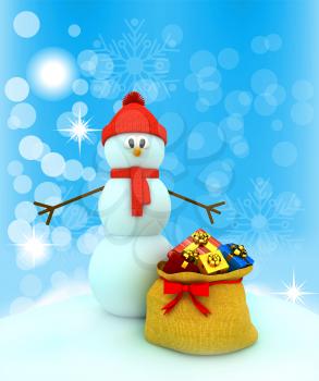Royalty Free Clipart Image of a Snowman With a Bag of Presents