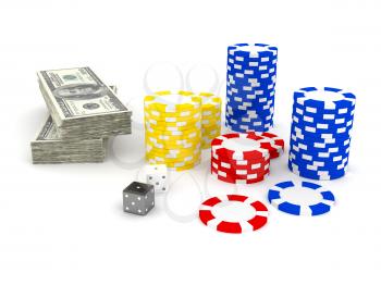 Royalty Free Clipart Image of a Stack of Money and Casino Chips