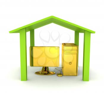 Royalty Free Clipart Image of a Computer Under a Roof