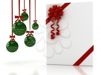 Royalty Free Clipart Image of a Greeting Card and Christmas Ornaments
