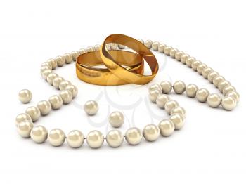 Royalty Free Clipart Image of a Pearl Necklace and Gold Rings
