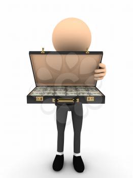 3d person open case with money. computer generated image