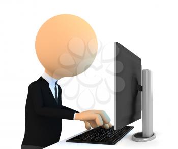 3d character Working on computer. On white background