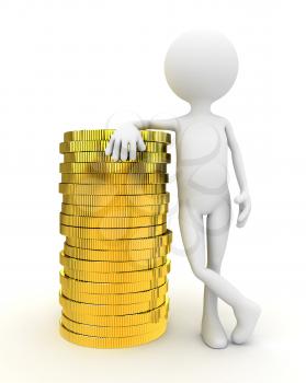 3d person with gold coins over white background. computer generated
