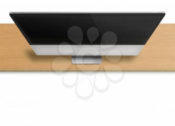 Modern computer monitor with black screen on wooden desk isolated on white  background. Front view from the top. Highly detailed illustration.