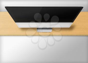 Modern computer monitor with black screen on wooden desk and grey background. Front view from the top. Highly detailed illustration.