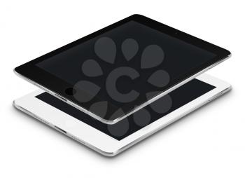 Realistic tablet computers with black screens isolated on white background. Highly detailed illustration.