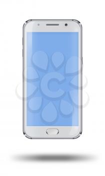 Realistic mobile phone with blue screen and shadows isolated on white background. Highly detailed illustration.
