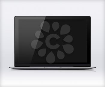 Modern glossy laptop with black screen, reflection and shadows on gray background. Highly detailed illustration.