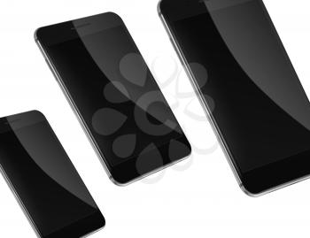 Mobile smart phones with black screens isolated on white background. Highly detailed illustration.