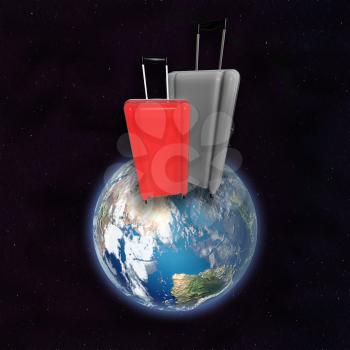 Large family polycarbonate luggages on surface of planet Earth. View from space. 3D rendering. Elements of this image furnished by NASA.