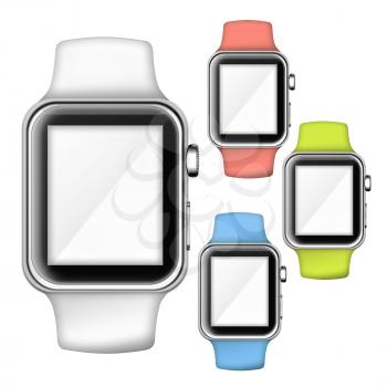 Modern trendy colorful smart watches with empty place for your text. 3D illustration.
