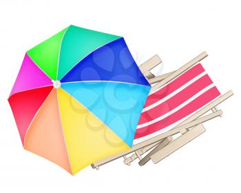 Wooden beach deck chair and colourful umbrella isolated on white background. 3D illustration.