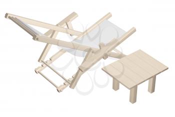 Wooden beach deck chair with grey fabric and table isolated on white background. 3d rendering.