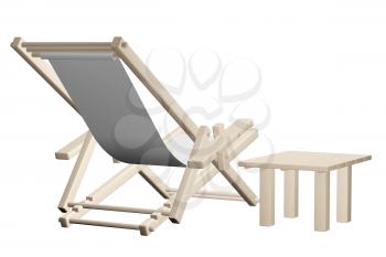 Wooden beach deck chair with grey fabric and table isolated on white background. 3d rendering.