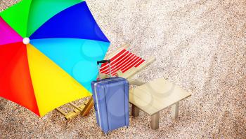 Beach chair, table, family polycarbonate luggage and varicolored umbrella on sandy beach. Vacation. Travel. Top view. 3D illustration.