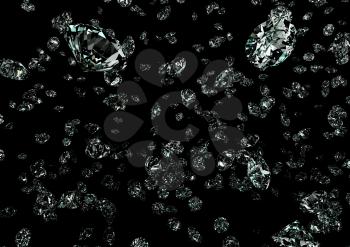Diamonds on black background. Detailed illustration. 3D rendering.