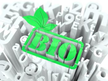 Green Bio Simbol on White Alphabet Wordcloud. Ecological Concept. Background for Your Publication or Blog.