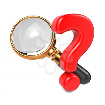 Magnifying Glass with Gold Border and Question Mark. Isolated on White.