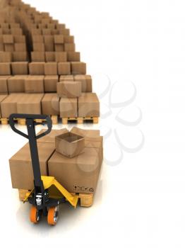 Cardboard Boxes on Pallet Truck Isolated on White