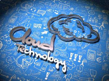 Cloud Technology Slogan made ??of Metal on Blue Background with Handwritten Characters. Cloud Concept for Your Blog or Publication.